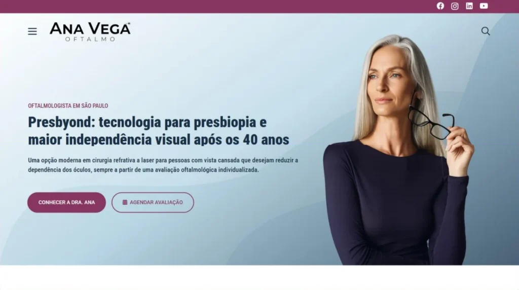 Página Presbyond do site da Dra. Ana Vega com o título sobre tecnologia para presbiopia e independência visual após os 40 anos
