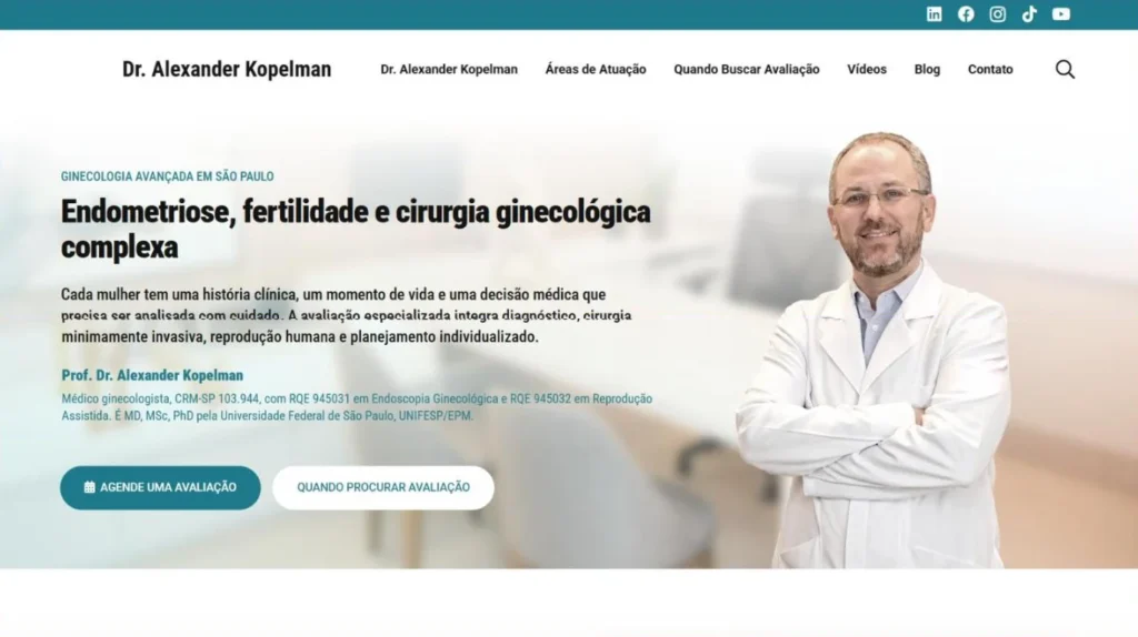 Página inicial do site do Prof. Dr. Alexander Kopelman, com o título Endometriose, fertilidade e cirurgia ginecológica complexa e a foto do médico