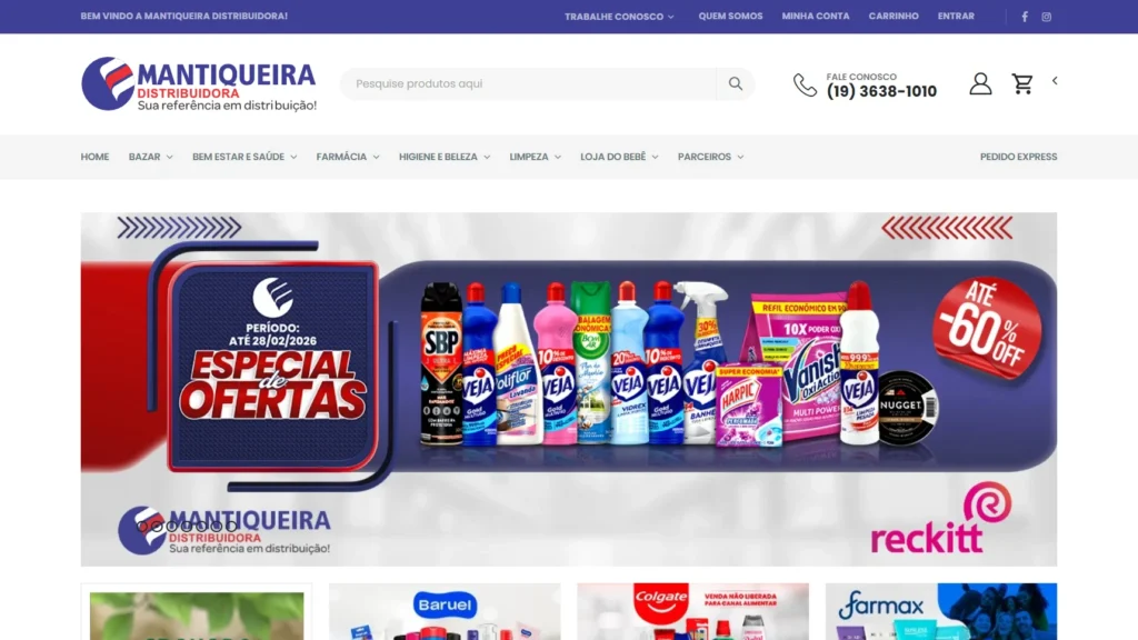 Página inicial do e-commerce B2B da Mantiqueira Distribuidora, com busca, menu de categorias e banners de ofertas