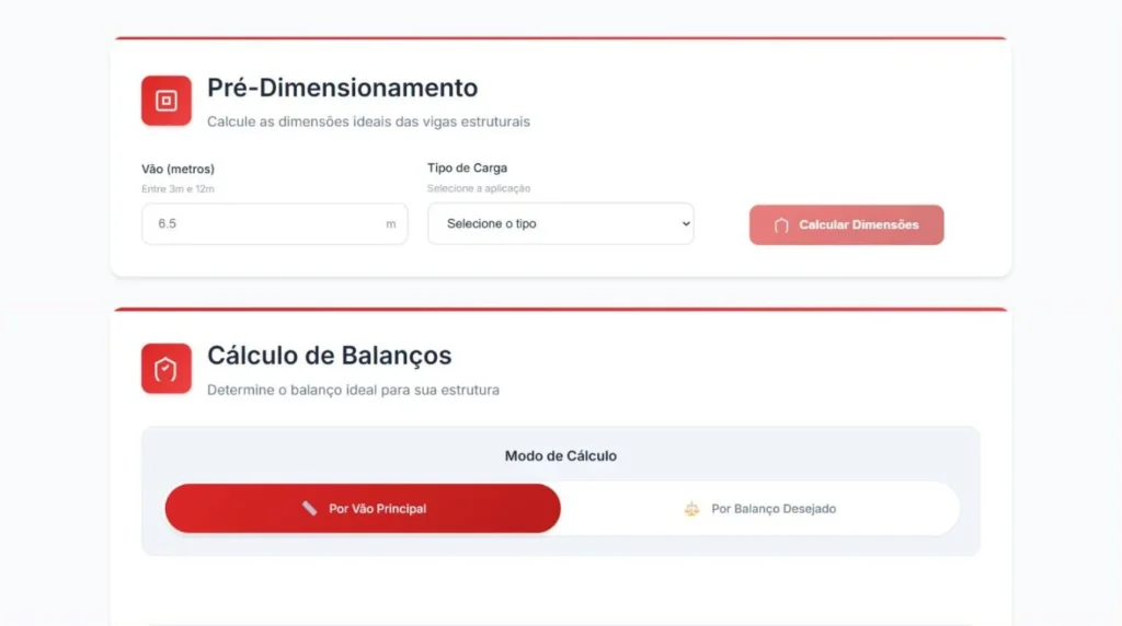 Calculadora premium da Rewood com os módulos Pré-Dimensionamento de vigas e Cálculo de Balanços